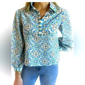 Brooks Ave Cotton Print Shirt With Contrast Fabric & Embroidered Collar Size XL